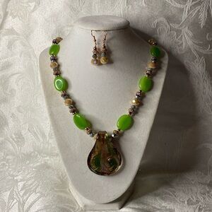 Green Glass Teardrop Pendant Necklace and Earrings Set